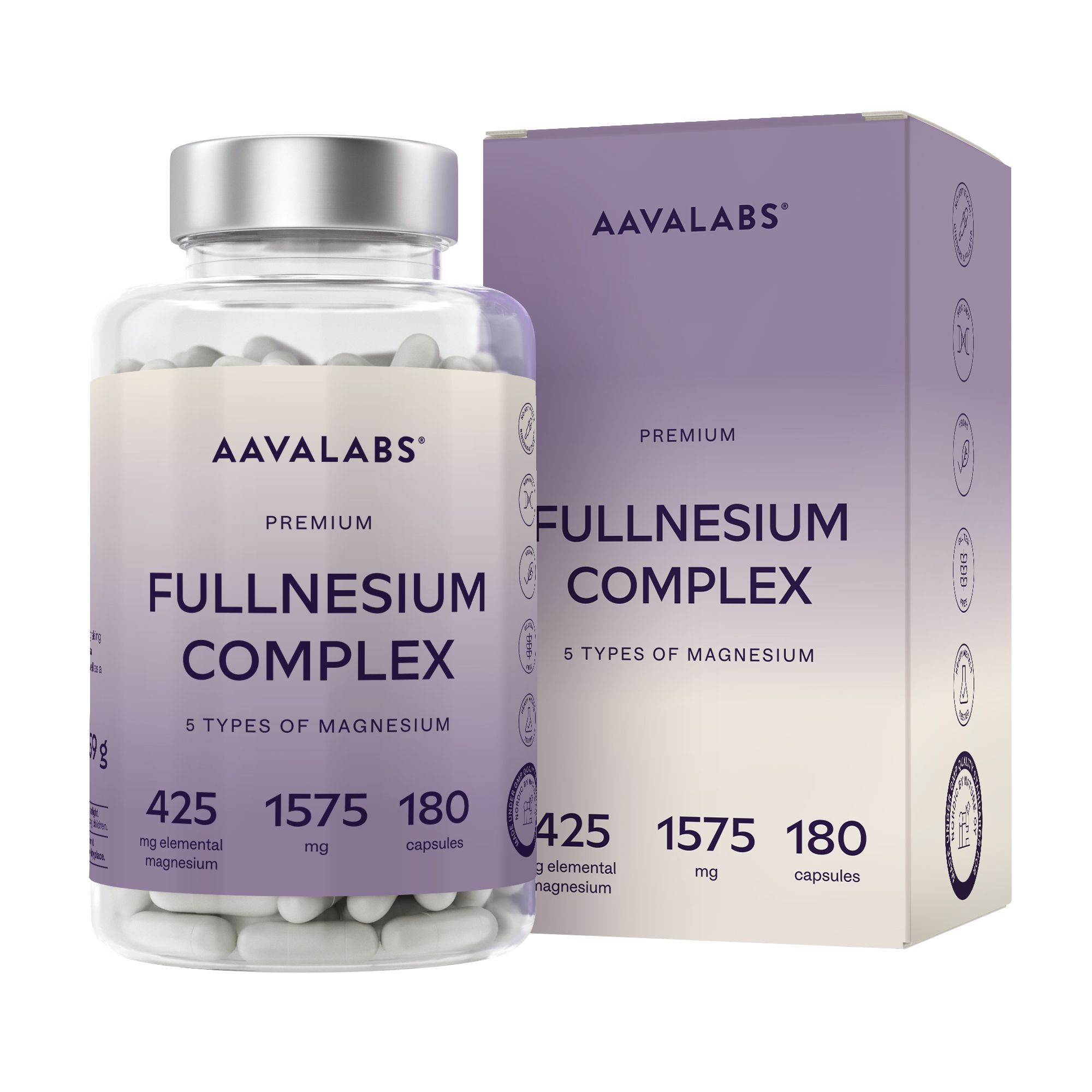 Fullnesium Komplex Flasche und Schachtel. 180 Kapseln. 425 mg elementares Magnesium. Marke Aavalabs.