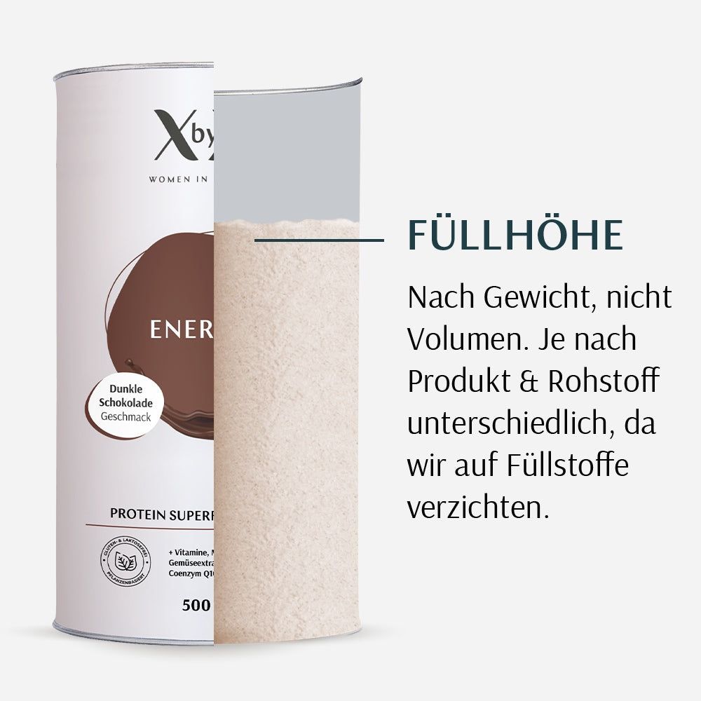 XbyX® Energie Dunkle Schokolade Dose, Schnitt zeigt Füllhöhe. Text: Füllhöhe, nach Gewicht, nicht Volumen. Produktname und Logo sichtbar.