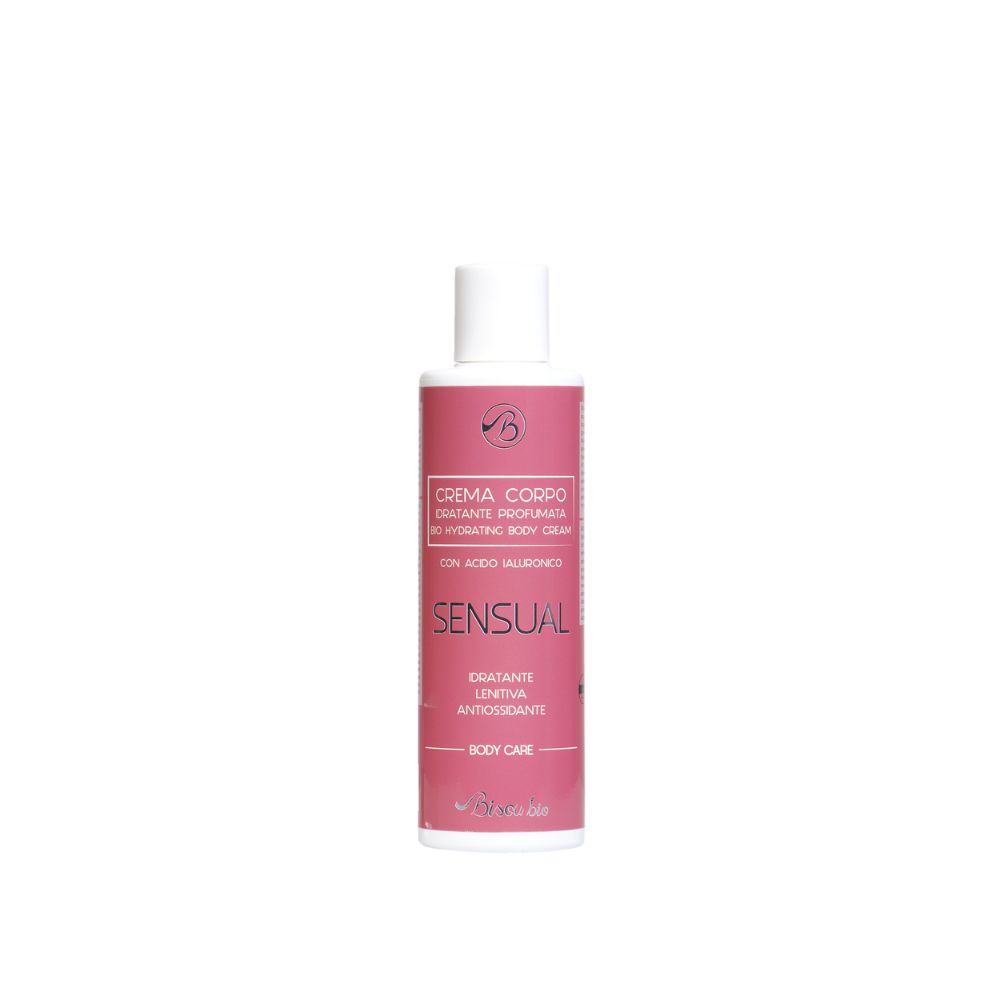 Flacone di crema corpo con tappo bianco ed etichetta rosa. Scritta: CREMA CORPO, SENSUL, con acido ialuronico. Marchio non visibile.