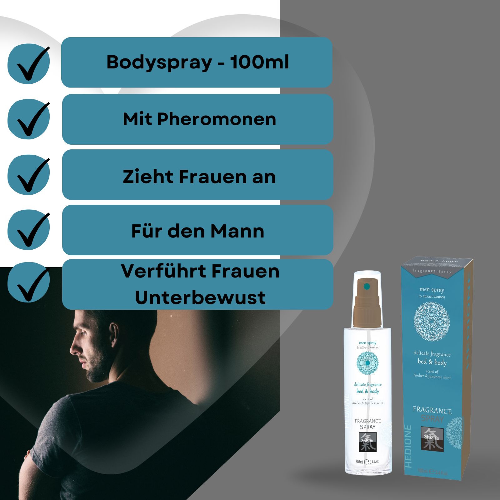 Produkt und Verpackung. Produkt: Flakon mit Sprühkopf. Verpackung: Fragrance Spray, Hedione, Shiatsu. Text: Bodyspray, Pheromone, für den Mann.