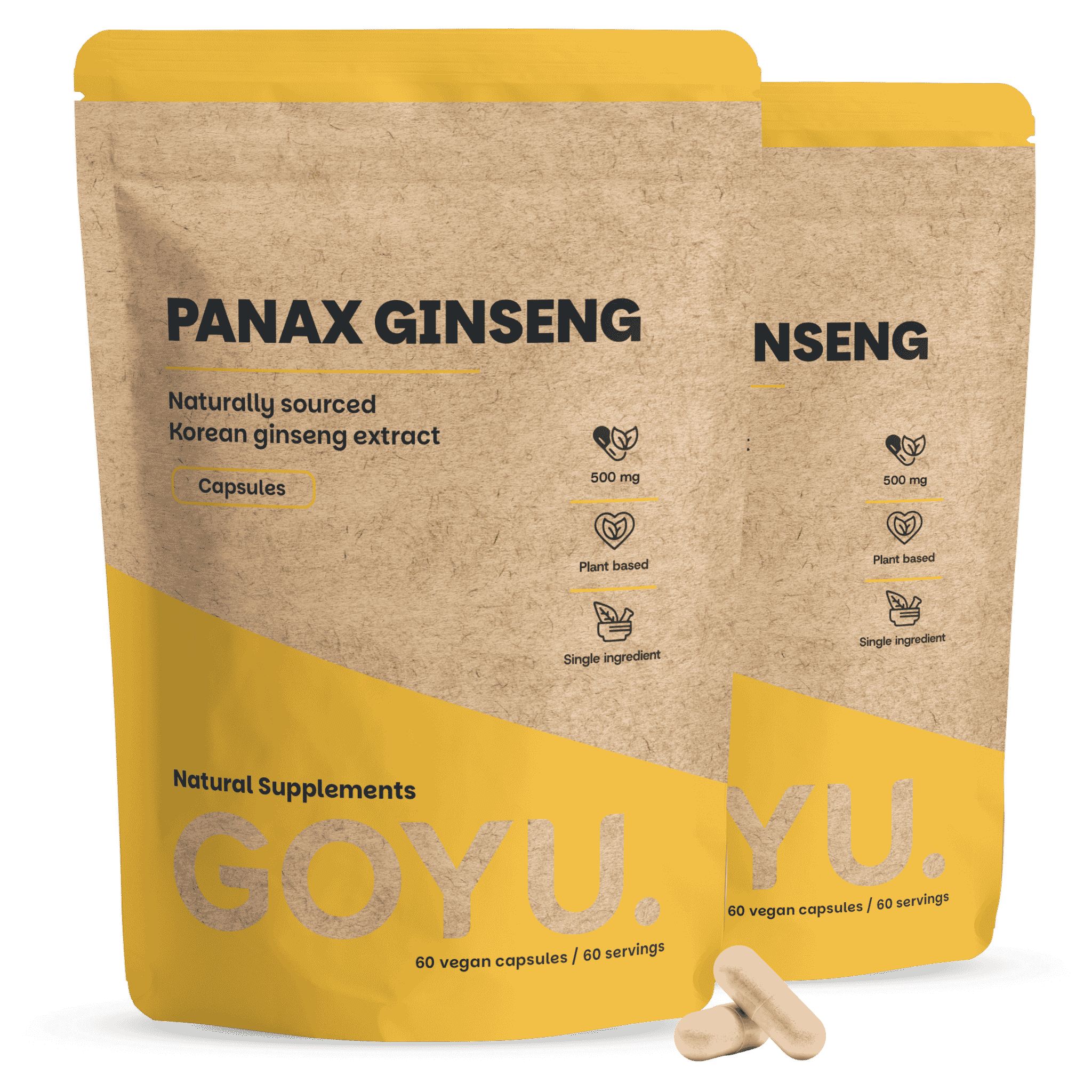 Zwei braune Beutel mit Panax Ginseng Kapseln, 60 Stück. Einer vorne, einer leicht dahinter.