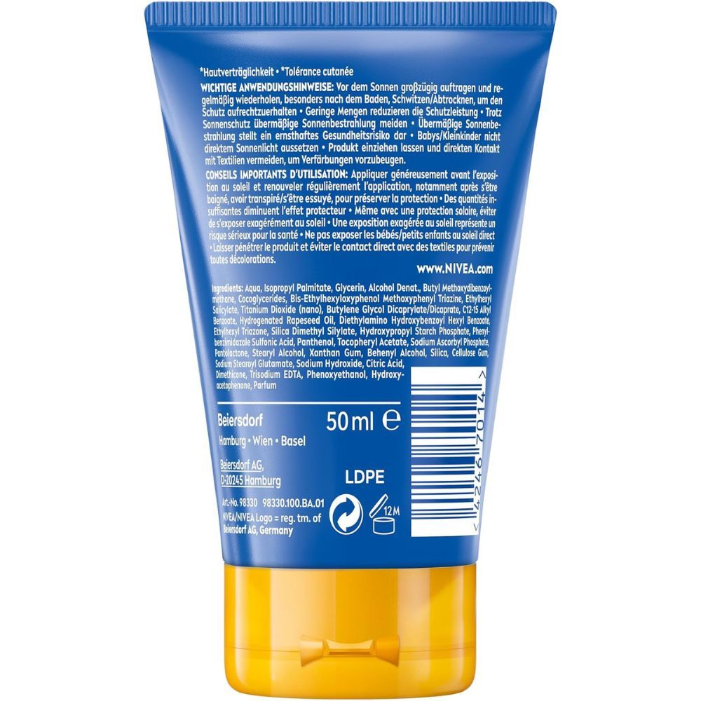 Rückseite der NIVEA Sun Kids To Go Tube. Text: Anwendungshinweise, Inhaltsstoffe, 50ml, Recycling-Symbol.