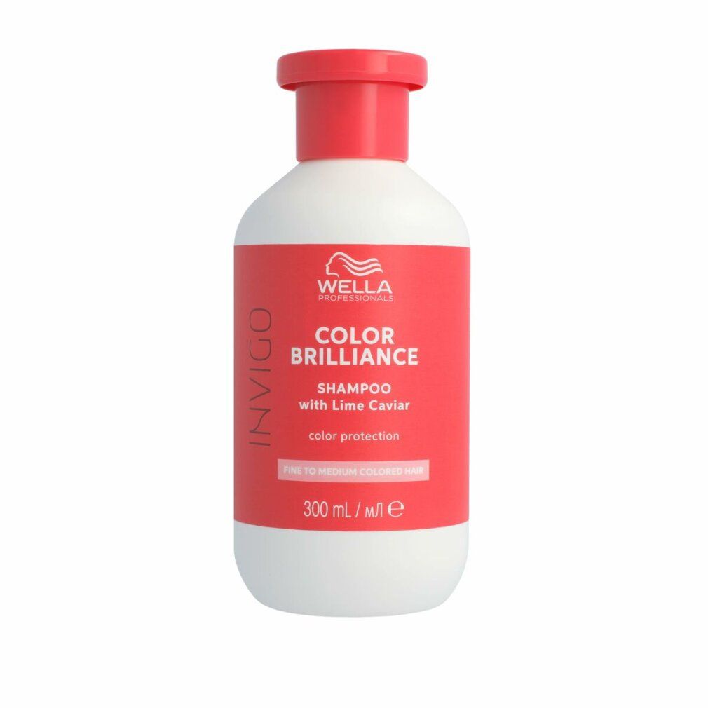 Weiße Flasche mit rotem Deckel. Aufschrift: Wella Color Brilliance Shampoo. 300 ml.
