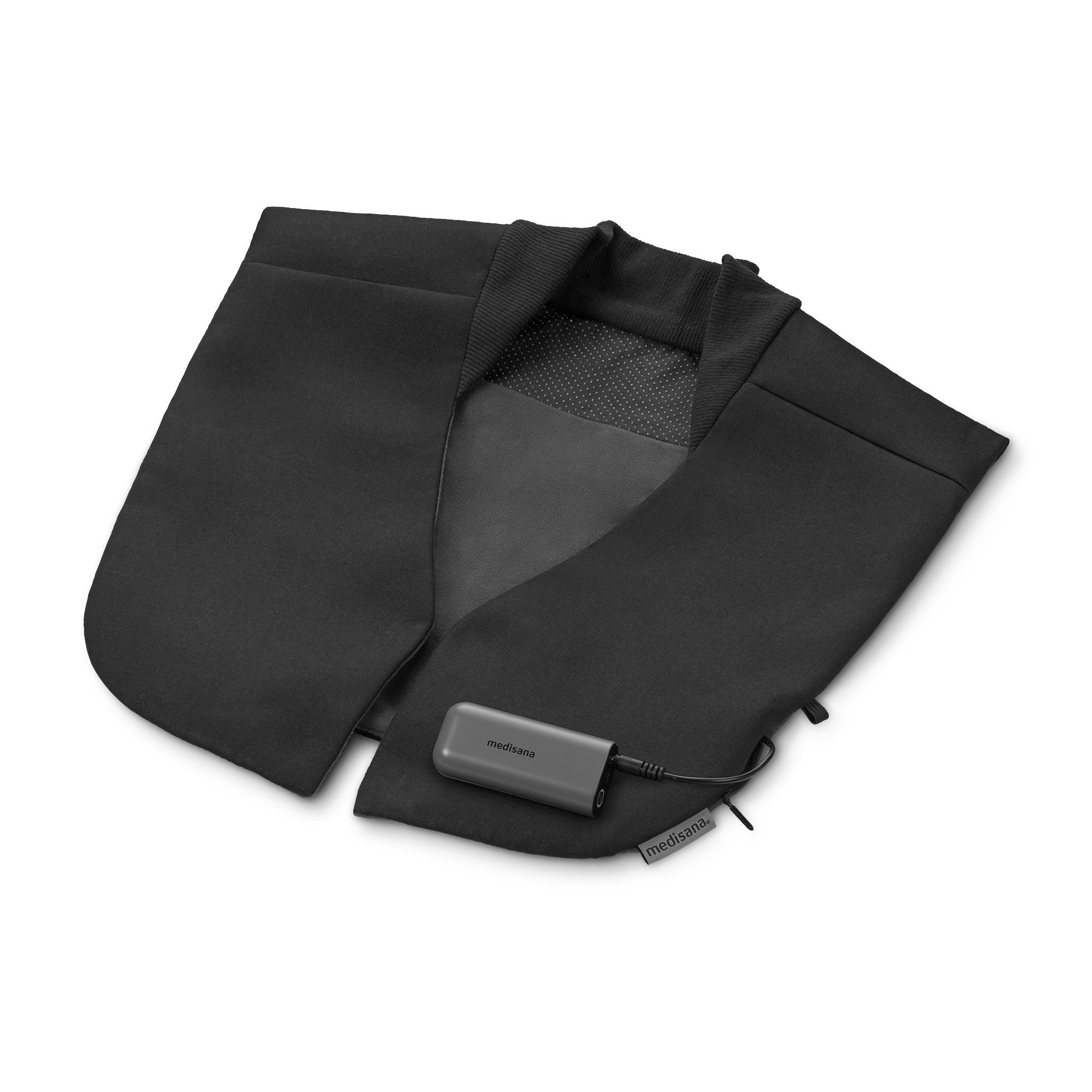 Cape chauffante noire avec power bank. Marque medisana. Sur fond blanc.
