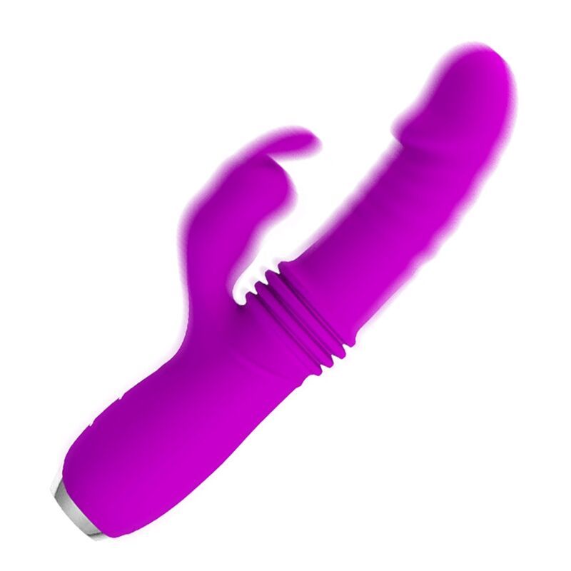 Lila Vibrator mit geriffelter Oberfläche und Kaninchenohren-Design. Silberfarbene Basis. Schräge Ansicht.