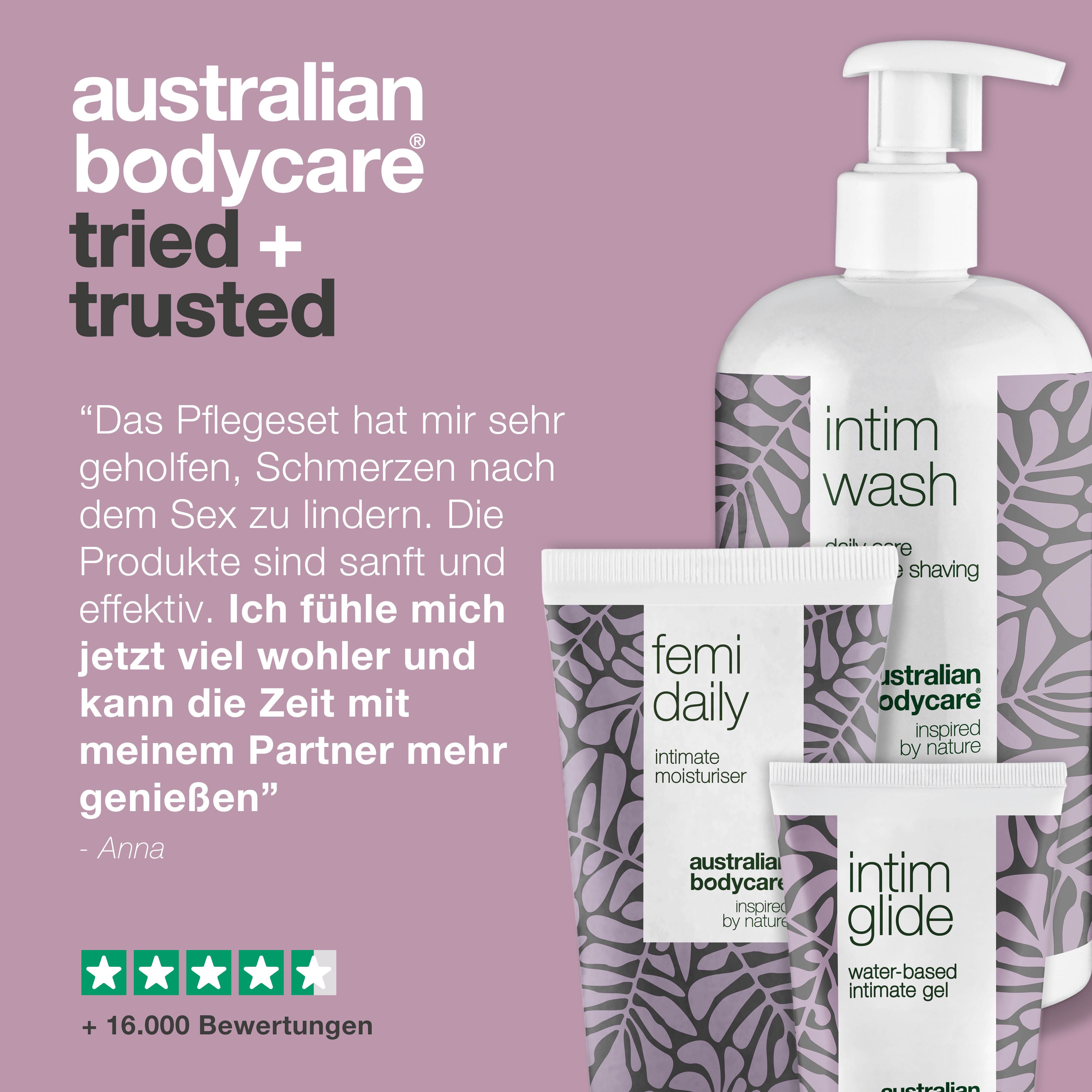 Produkt-Set: Intim Wash, Femi Daily, Intim Glide. Zitat: Hilft bei Schmerzen nach Sex. 5 Sterne, +16.000 Bewertungen.