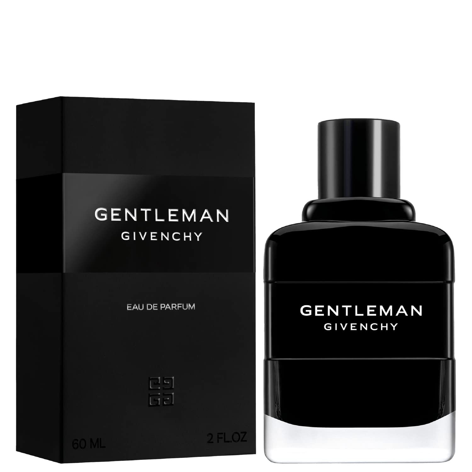 Schwarze Flasche und Verpackung. Flasche mit schwarzem Deckel. Aufschrift GENTLEMAN GIVENCHY und Eau de Parfum.
