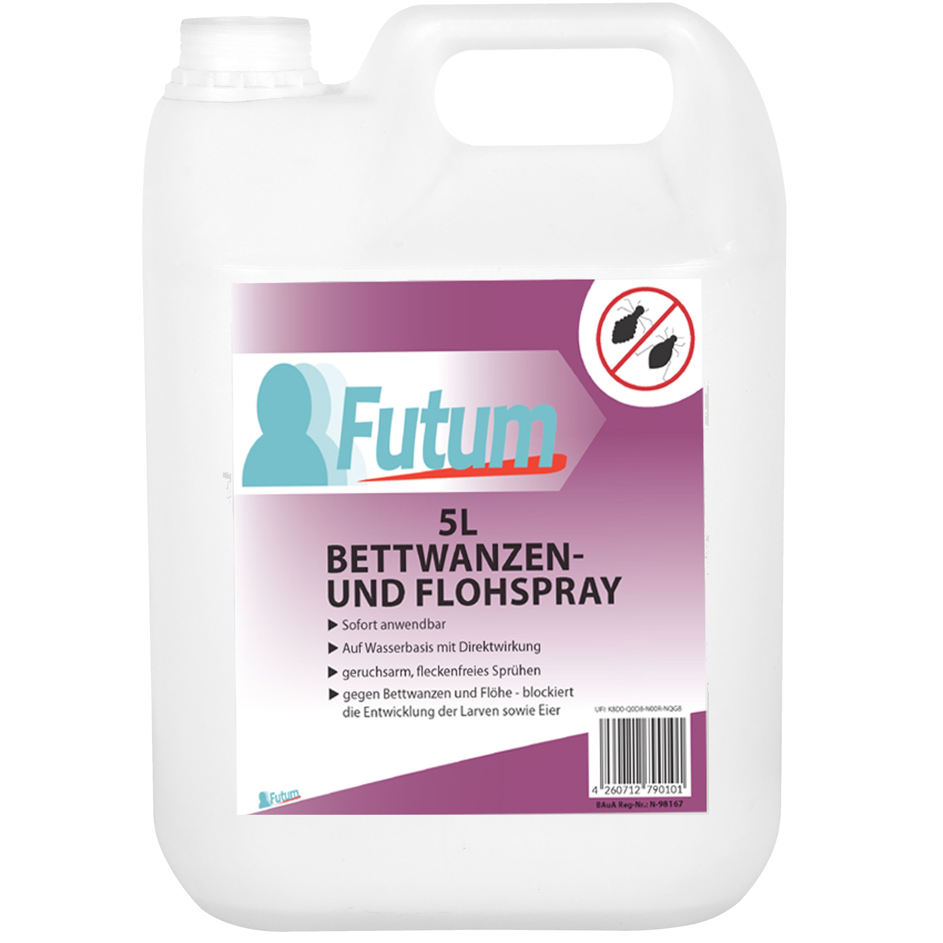 FUTUM 5L Bettwanzen- und Flohspray. Weißer Kanister mit lila Etikett. Enthält Informationen zur Anwendung und Wirkung. Das Produkt bekämpft Bettwanzen und Flöhe.