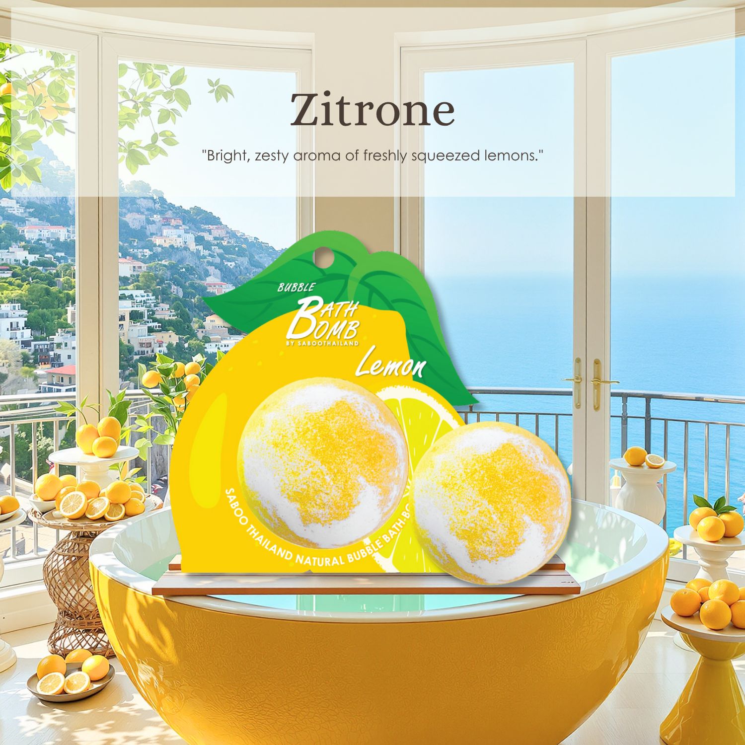 Schaumbad-Bombe mit Zitronen-Design in Badewanne. Hintergrund: Meerblick.