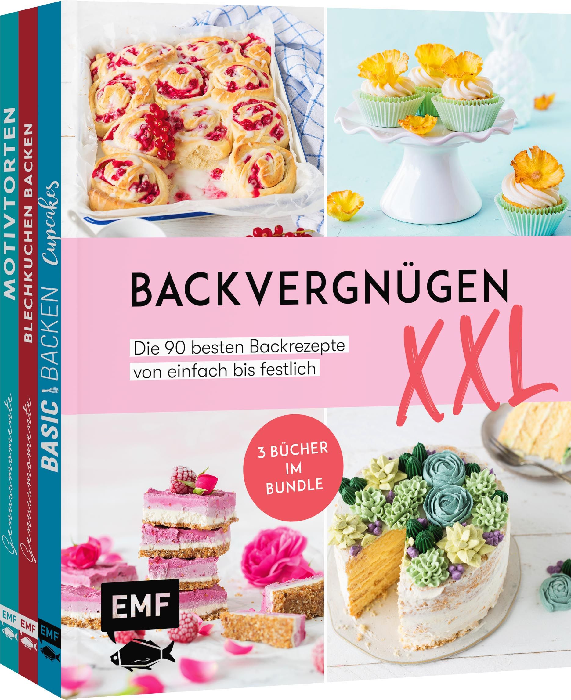 Buchcover mit dem Titel "Backvergnügen XXL". Es zeigt Kuchen und Cupcakes. Text: "Die 90 besten Backrezepte".