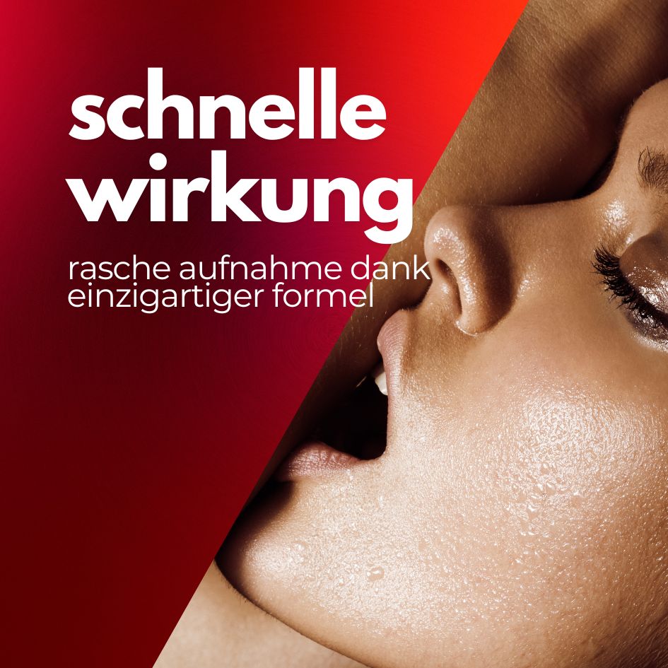 Text auf rotem Hintergrund: Schnelle Wirkung, rasche Aufnahme dank einzigartiger Formel.