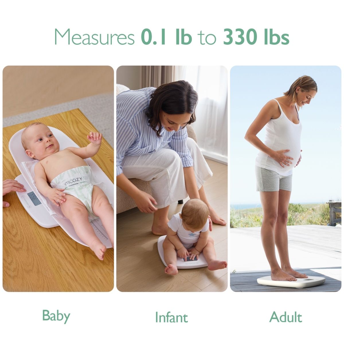 Drei Bilder: Baby auf Waage, Baby mit Mutter, Frau auf Waage. Momcozy-Waage. Text: Misst 0,1 lb bis 330 lbs. Baby, Kleinkind, Erwachsener.