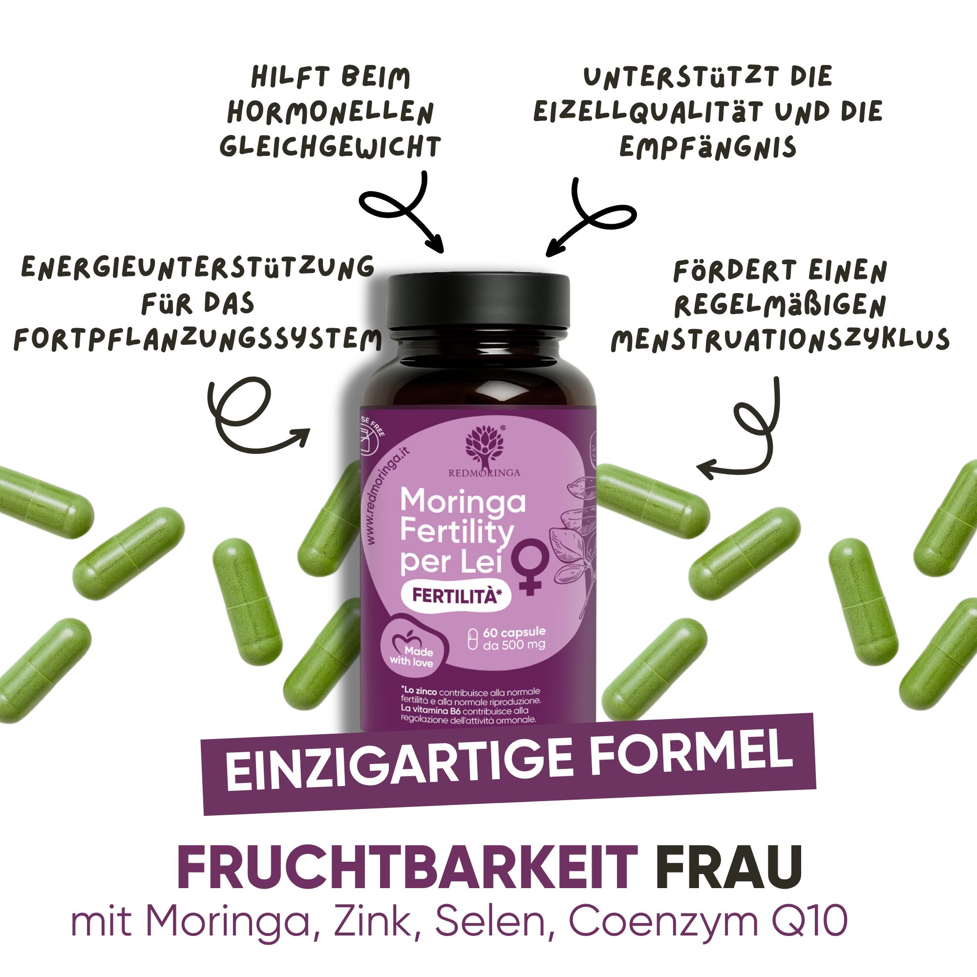 Flasche RedMoringa Fertility für Lei mit grünen Kapseln. Unterstützt hormonelles Gleichgewicht.