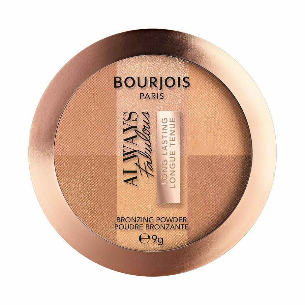 Runder Bräunungspuder-Kompaktpuder. Vier Farbtöne, Markenname Bourjois Paris. Text: Always Fabulous, Long Lasting, Poudre Bronzante, e9g.