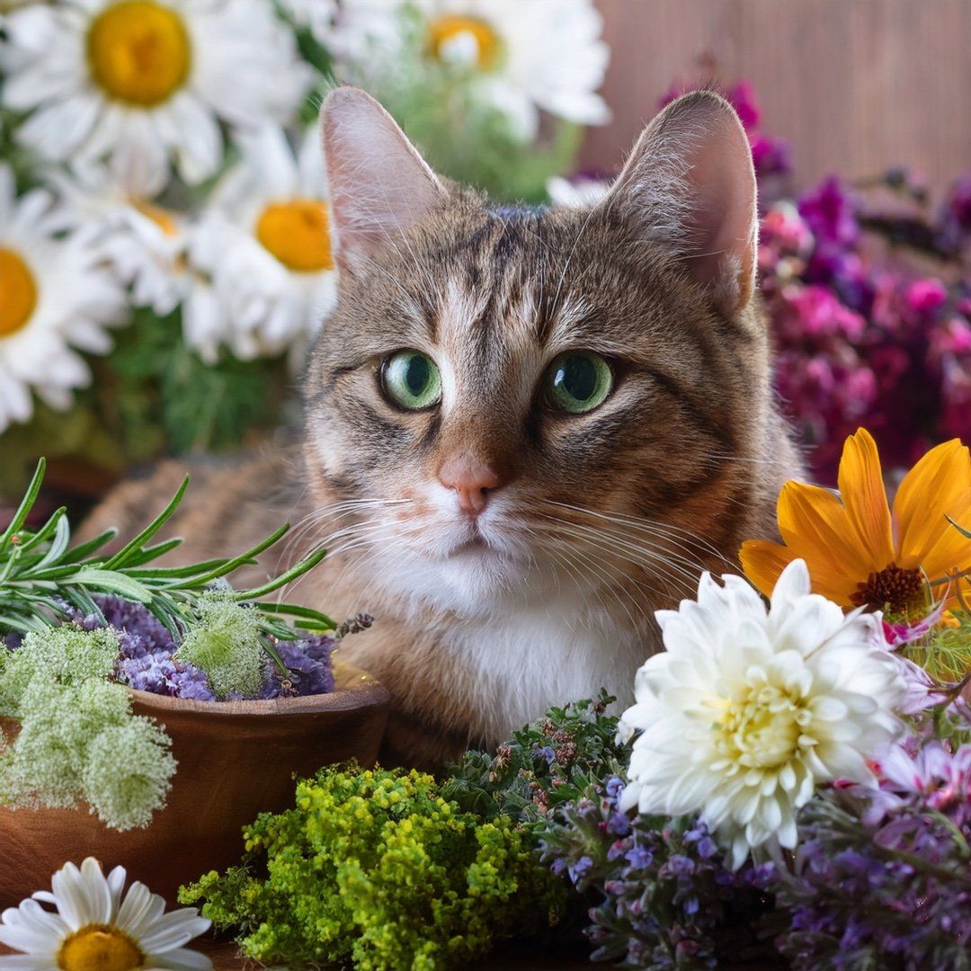 Katze umgeben von Blumen und Kräutern in einer Holzschale.