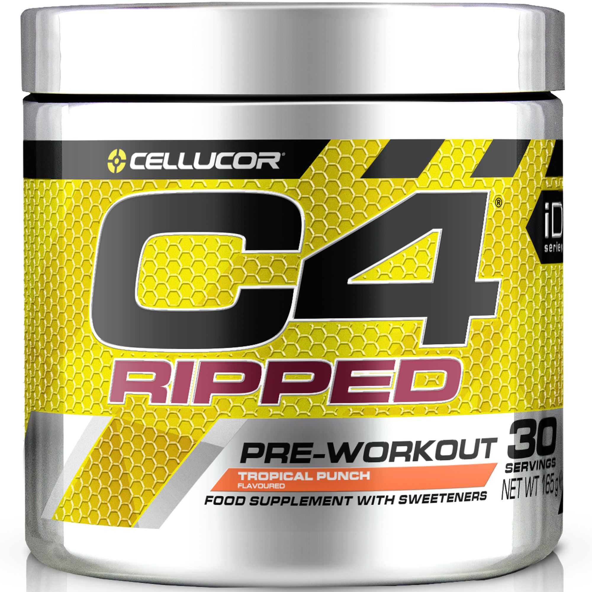 Zylinderförmige Dose mit silbernem Deckel. Aufschrift: CELLUCOR, C4 RIPPED, PRE-WORKOUT, Tropical Punch. Gelber Hintergrund mit Wabenmuster.