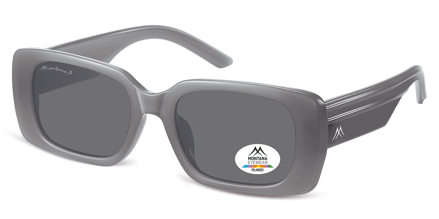 Graue Sonnenbrille, rechteckige Gläser. Montana Eyewear Logo auf dem Bügel. Polarisiert-Aufkleber auf dem Glas.