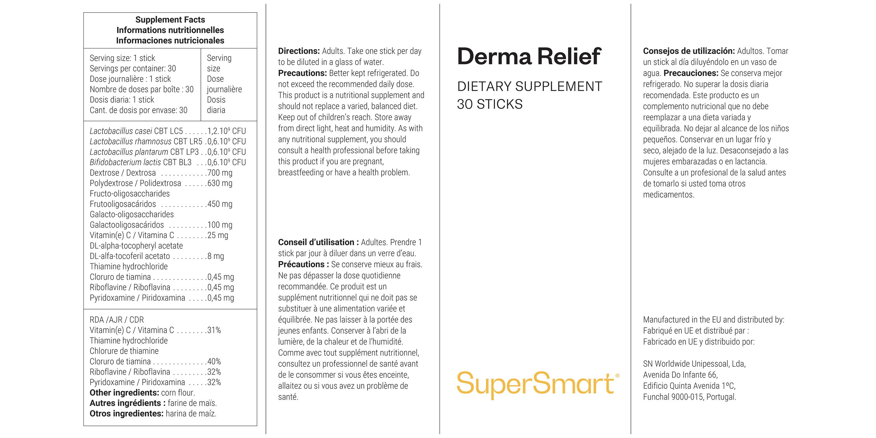 Weißes Etui mit Aufschrift "Derma Relief" und "SuperSmart". Enthält 30 Sticks. Nährwertangaben und Gebrauchsanweisung.