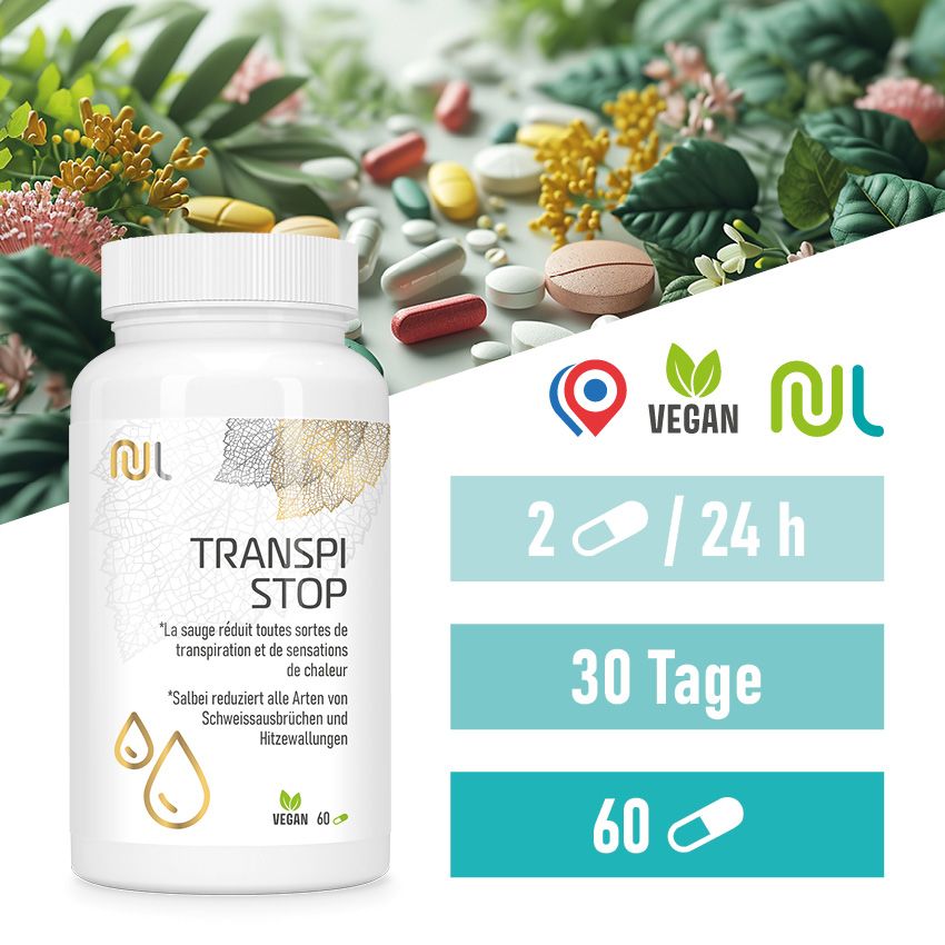 Weiße Flasche mit Kapseln. Aufschrift: TRANSPI STOP. Vegan-Siegel. Dosierungsangaben: 2 Kapseln/24h.