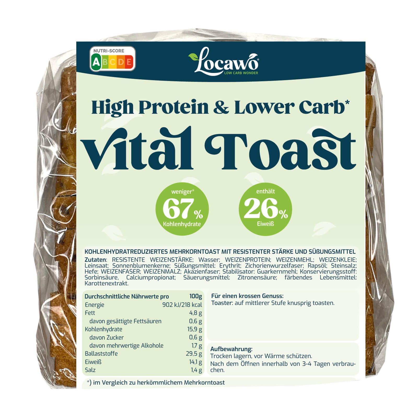 Toastbrot in Folie verpackt. Aufdruck: Locawo, High Protein & Lower Carb, Vital Toast. Enthält 67% weniger Kohlenhydrate und 26% Eiweiß.