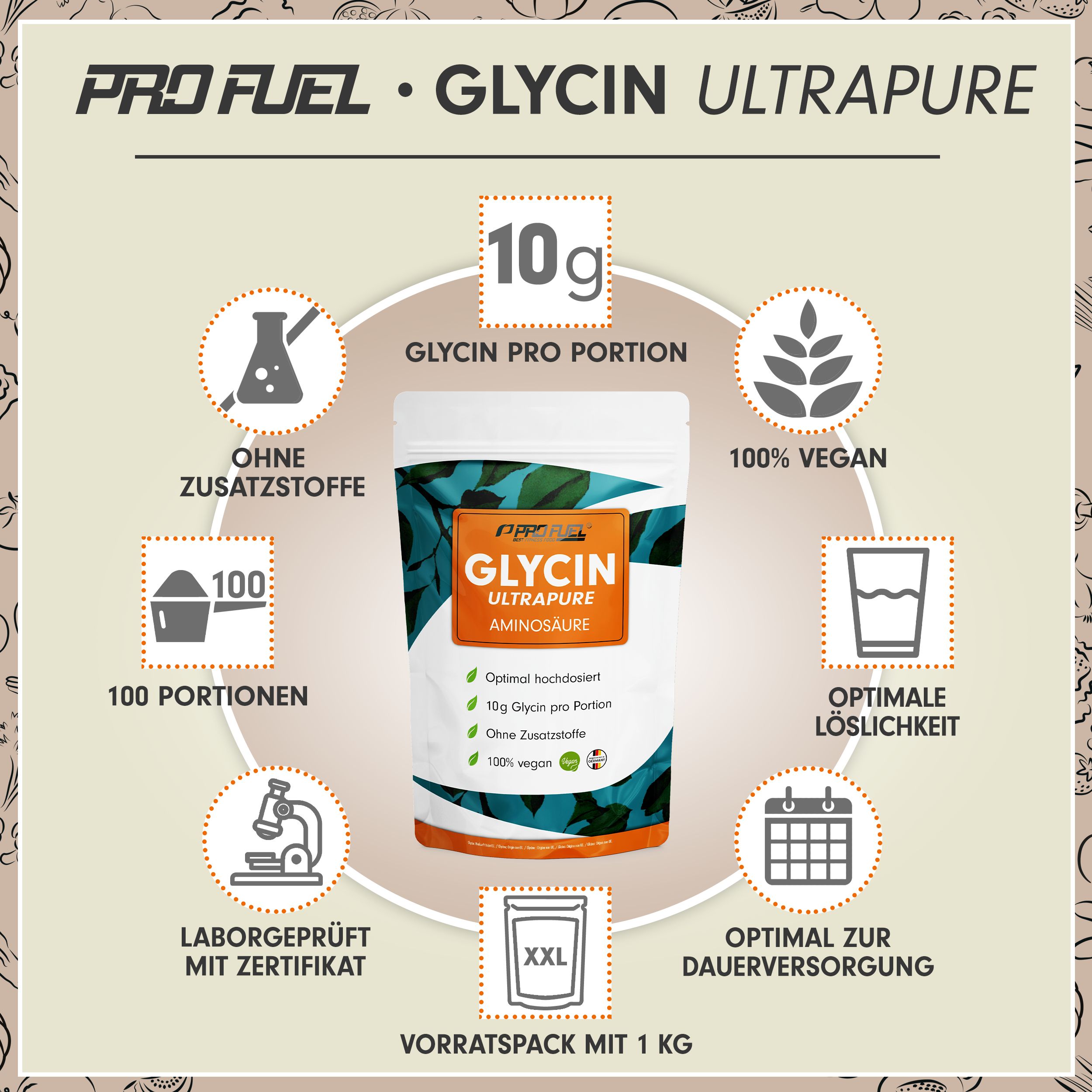 Pro Fuel Glycin Ultrapure Pulver, 1000g Vorratspackung. Laborgeprüft, 100% vegan, ohne Zusatzstoffe.
