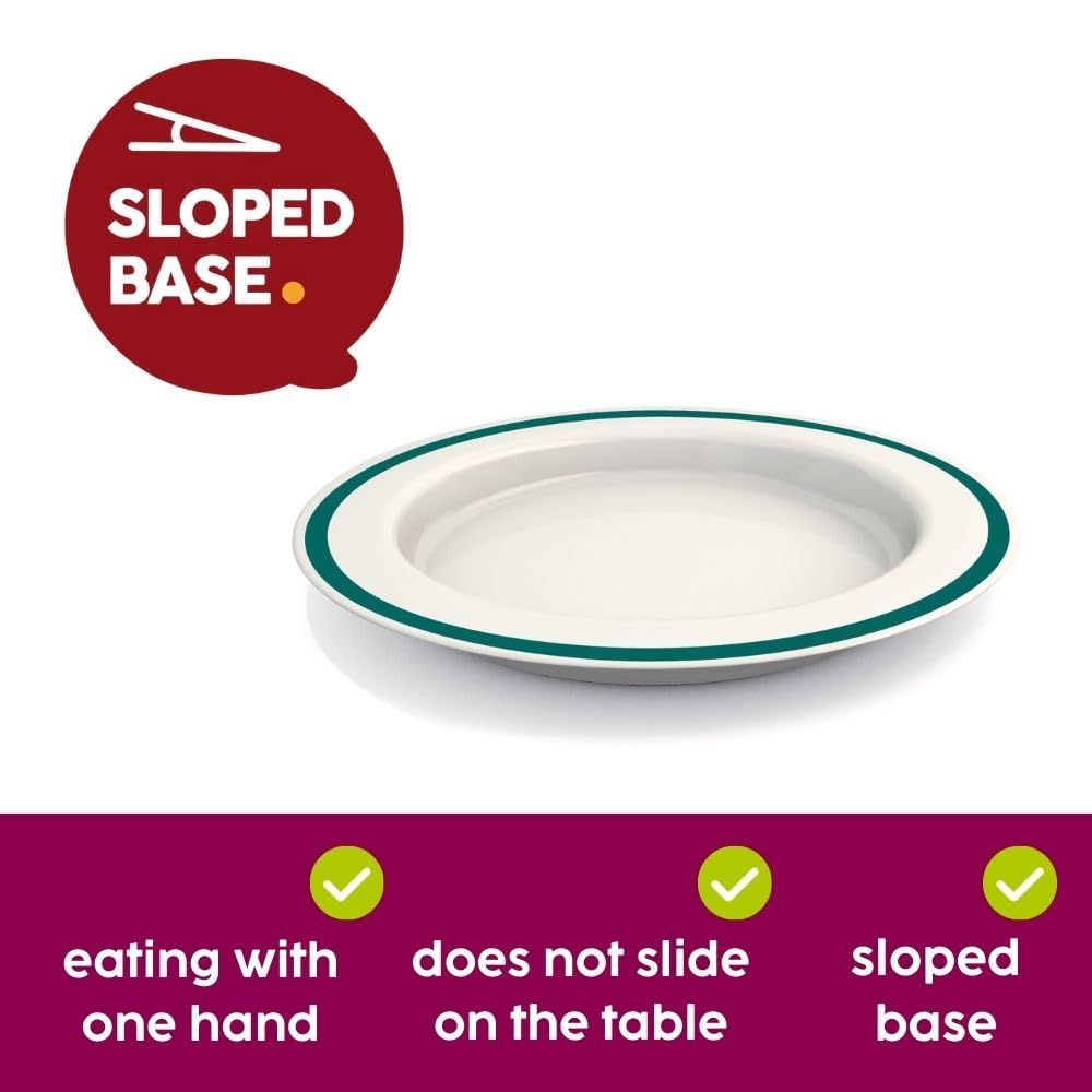 Weißer Teller mit grünem Rand. Schräge Basis. Eigenschaften: Einhandessen, rutschfest, schräge Basis.