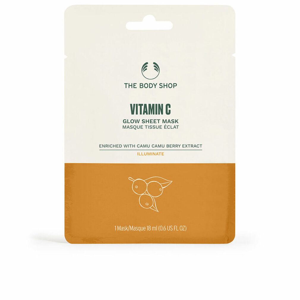 Verpackung der Sheet Maske. Oben weiß, unten orange. Text: The Body Shop, Vitamin C, Glow Sheet Mask, Camu Camu Berry Extract, Illuminate.