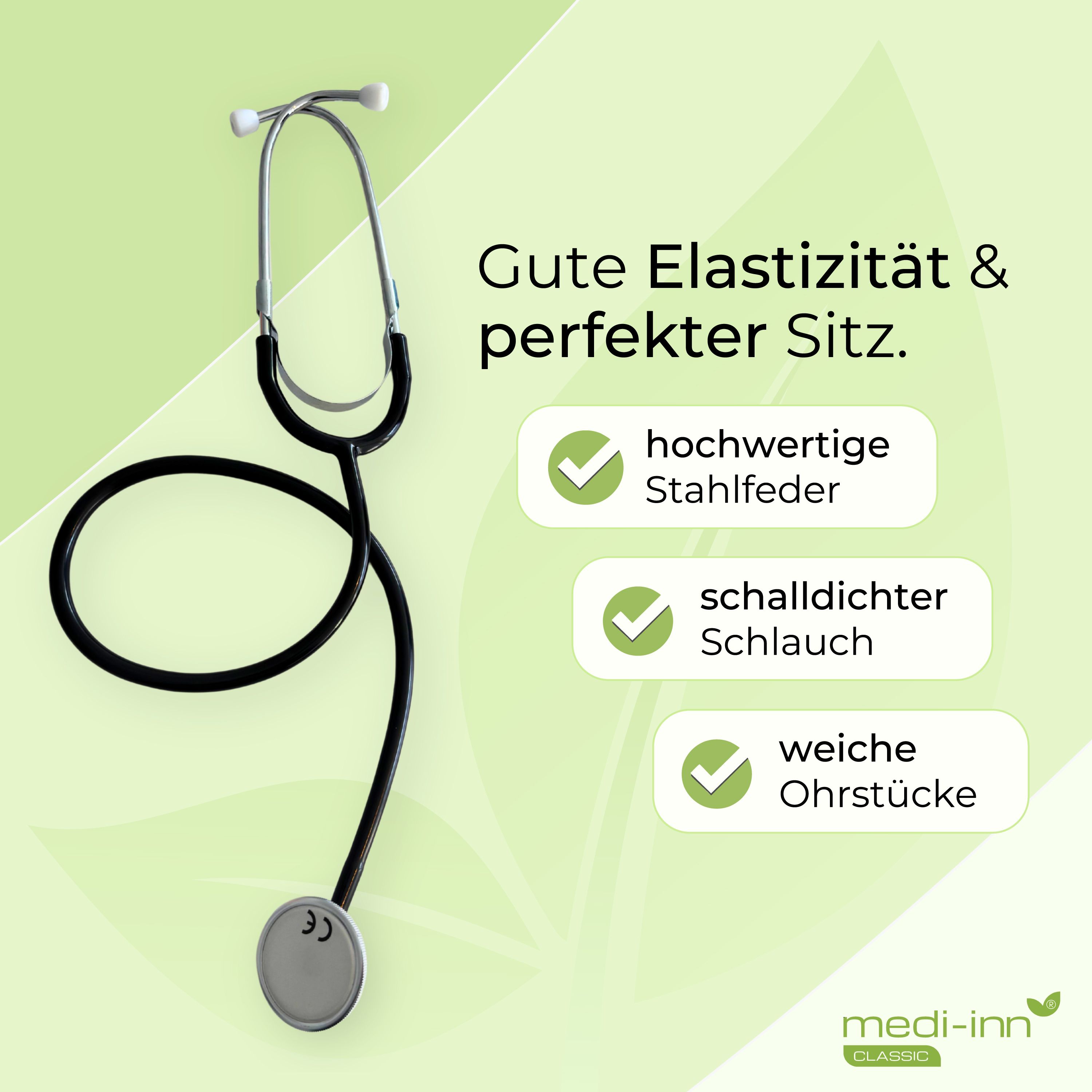 Medi-Inn Stethoskop mit hochwertiger Stahlfeder, schalldichtem Schlauch und weichen Ohrstücken.