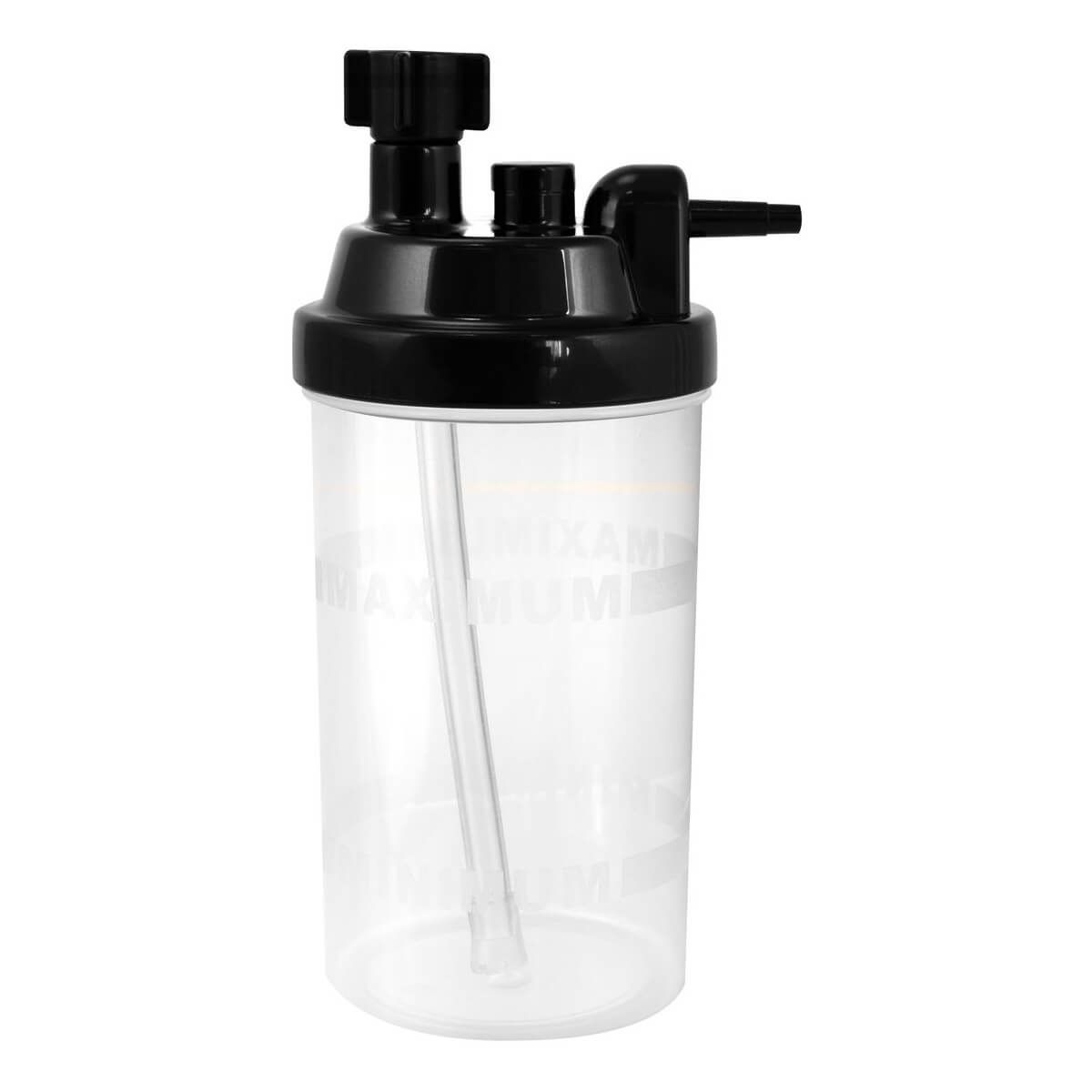 Atemgasbefeuchter mit schwarzem Deckel und Anschlüssen. Transparenter Behälter mit Skala. Klarer Schlauch im Inneren.