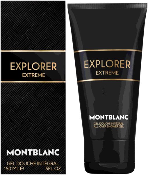 Schwarze Tube und Schachtel mit goldfarbenem Schriftzug. Aufschrift: EXPLORER EXTREME, MONTBLANC, Gel Douche Intégral, 150 ml.