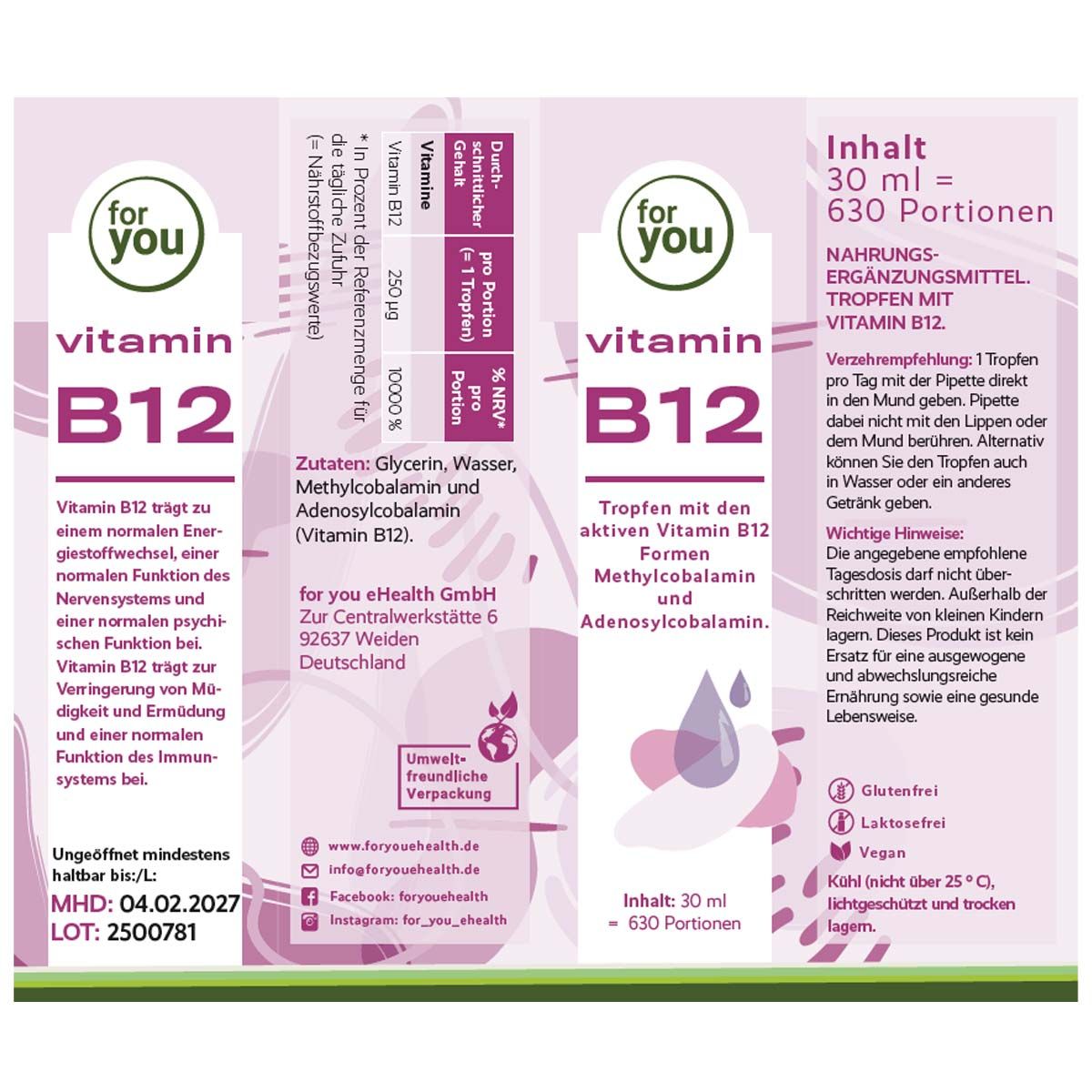 Produktverpackung mit Karton. Karton mit "for You" und "Vitamin B12".