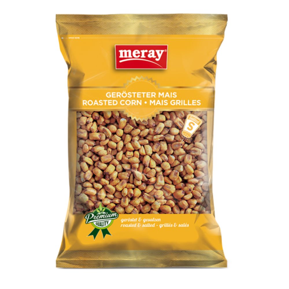 Goldfarbene Tüte mit geröstetem Mais. Oben steht "meray". Text: "Gerösteter Mais", "Roasted Corn", "Mais Grilles".