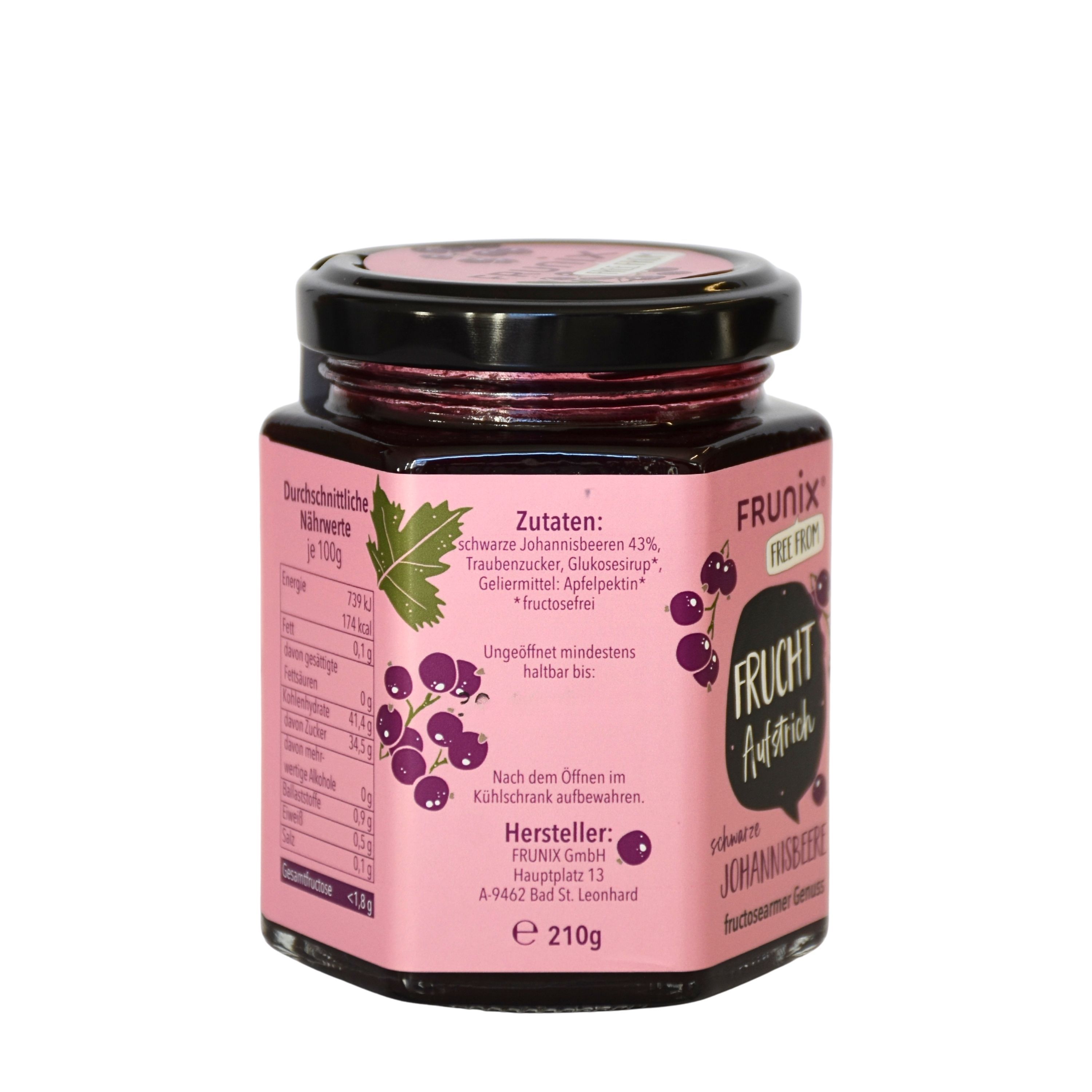 Glas mit schwarzem Johannisbeer-Fruchtaufstrich. Rosa Etikett mit Zutatenliste und Nährwertangaben. Schwarzer Deckel.