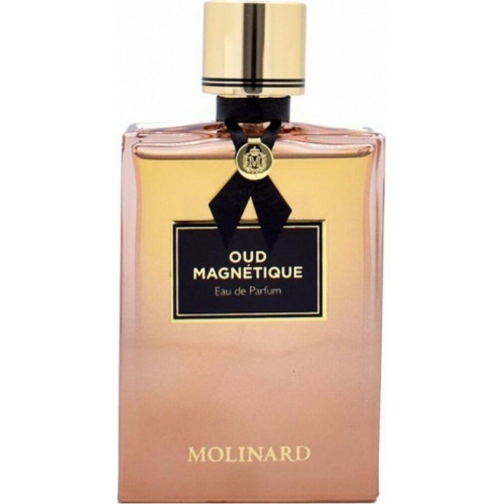 Flasche mit goldfarbenem Verschluss und schwarzer Schleife. Aufschrift: Oud Magnetique, Molinard. Goldfarbene und rosafarbene Farbverläufe.