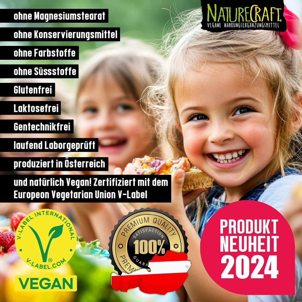 NATURECRAFT veganes Nahrungsergänzungsmittel: Ohne Magnesiumstearat, Konservierungsstoffe, Farbstoffe, Süßstoffe. Gluten-, laktose-, gentechnikfrei. Laborgeprüft, produziert in Österreich.