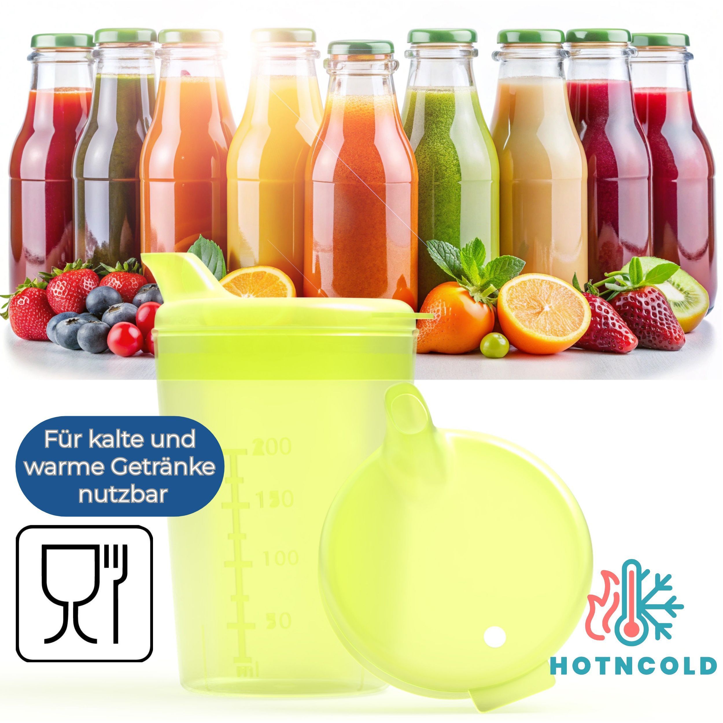 Trinkbecher mit Deckel neben Flaschen mit verschiedenen Säften. Text: Für kalte und warme Getränke nutzbar. Hot/Cold-Symbol.