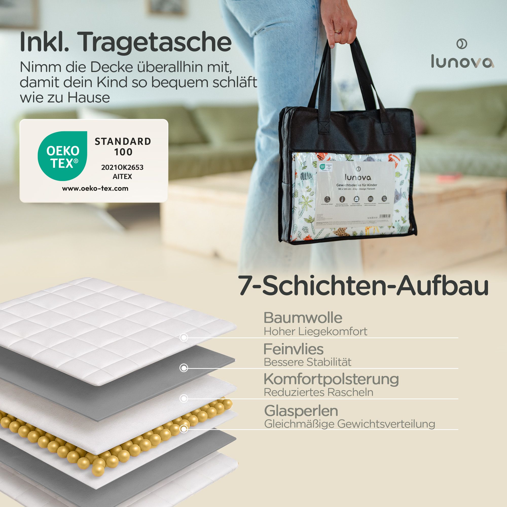 LUNOVA Gewichtsdecke Kinder 2kg Tierwelt 90x120cm - Oekotex-Baumwolle Therapiedecke WeightedBlanket