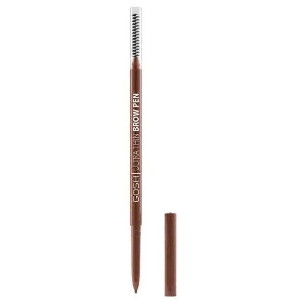 Gosh Ultra Thin Brow Pen in Dunkelbraun, mit abgenommenem Deckel und spitzem Applikator.