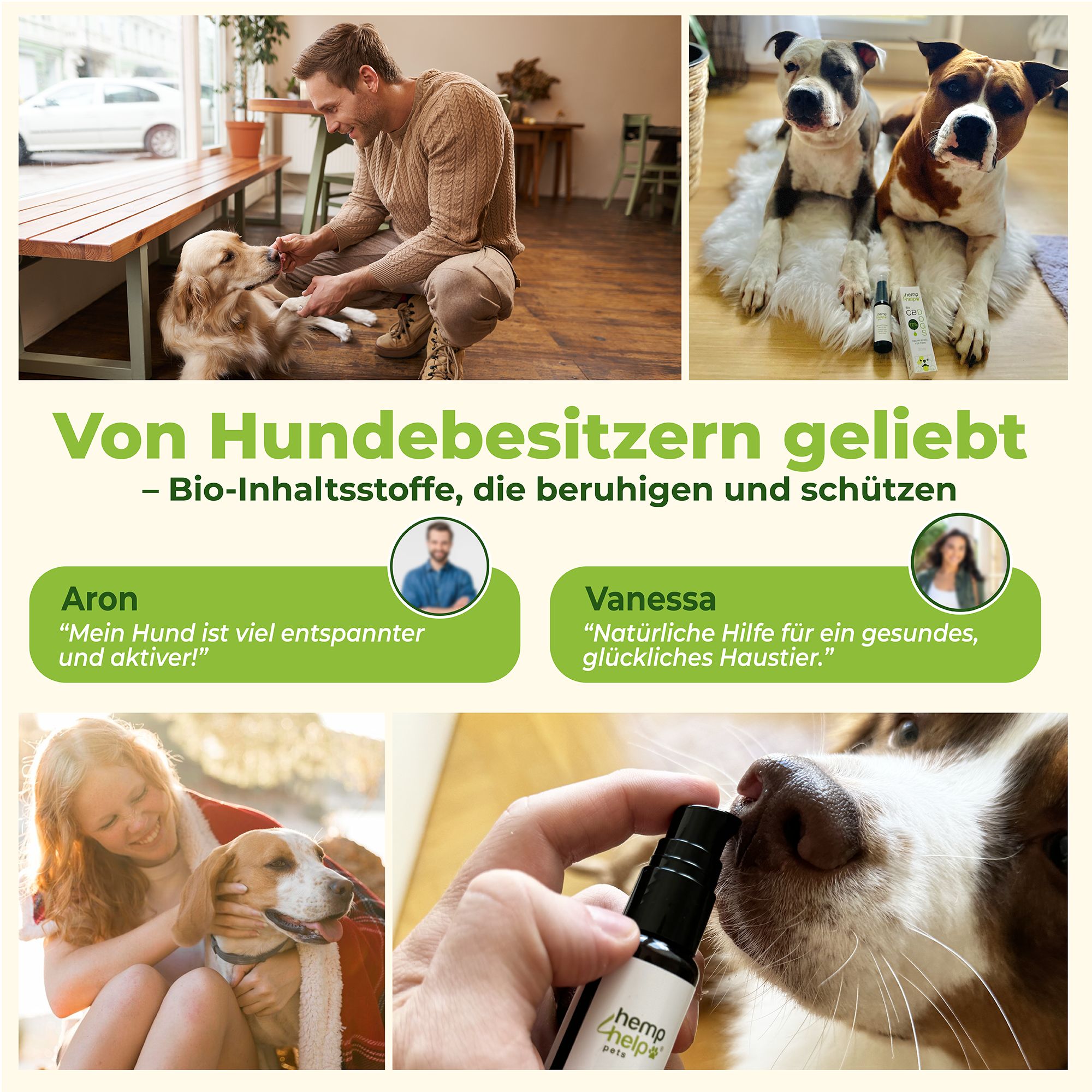 Mehrere Fotos. Hunde und Menschen. Text: Von Hundebesitzern geliebt. Zitate von Besitzern. CBD-Öl-Flasche.