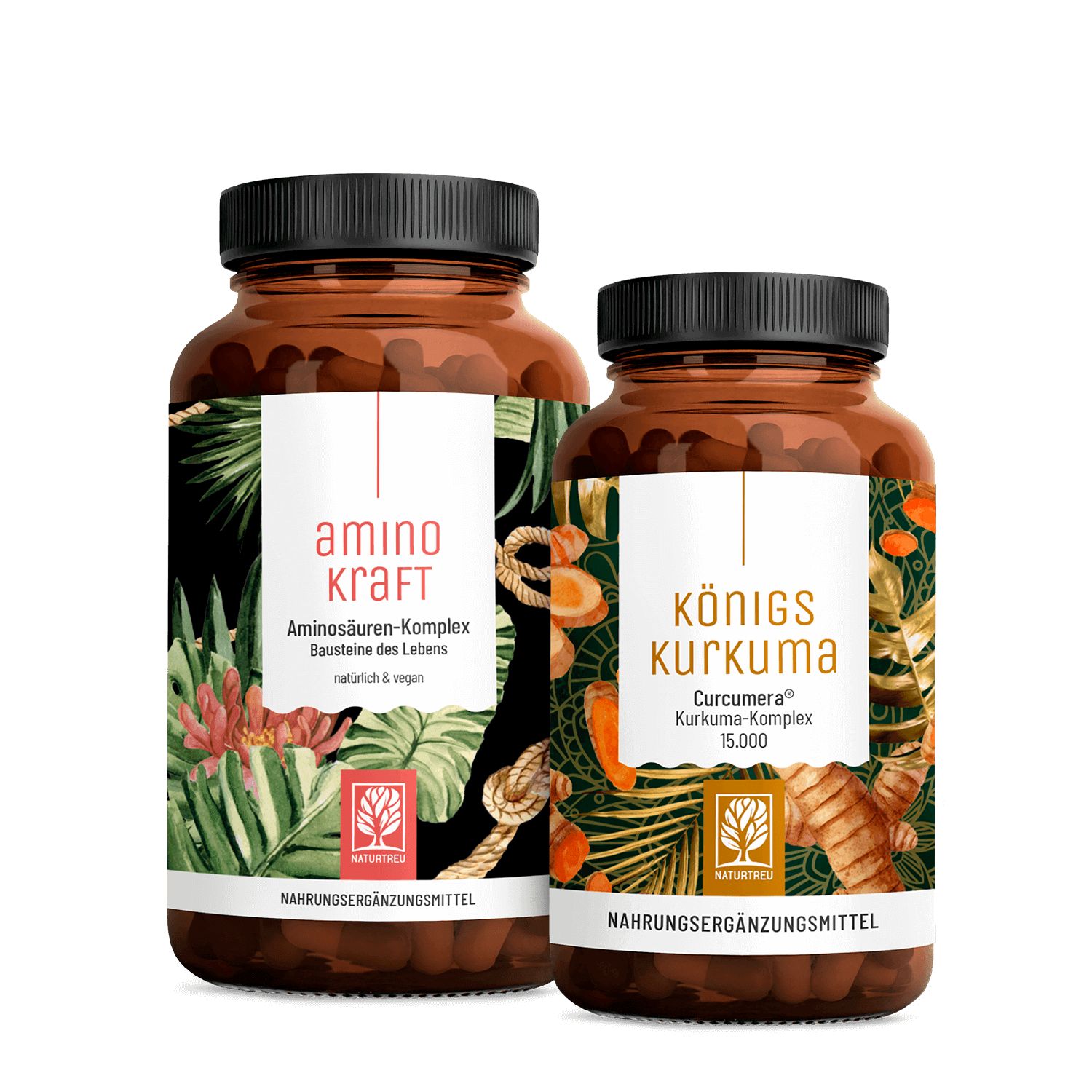 Zwei braune Flaschen mit schwarzen Deckeln. Aufschrift: Aminokraft und Königs Kurkuma. Beide mit Etiketten und Produktnamen.