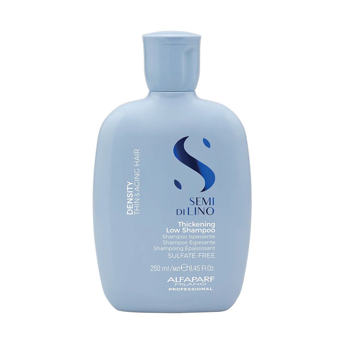Alfaparf Milano Semi di Lino Density Low Shampoo, 250 ml Flasche, hellblau.