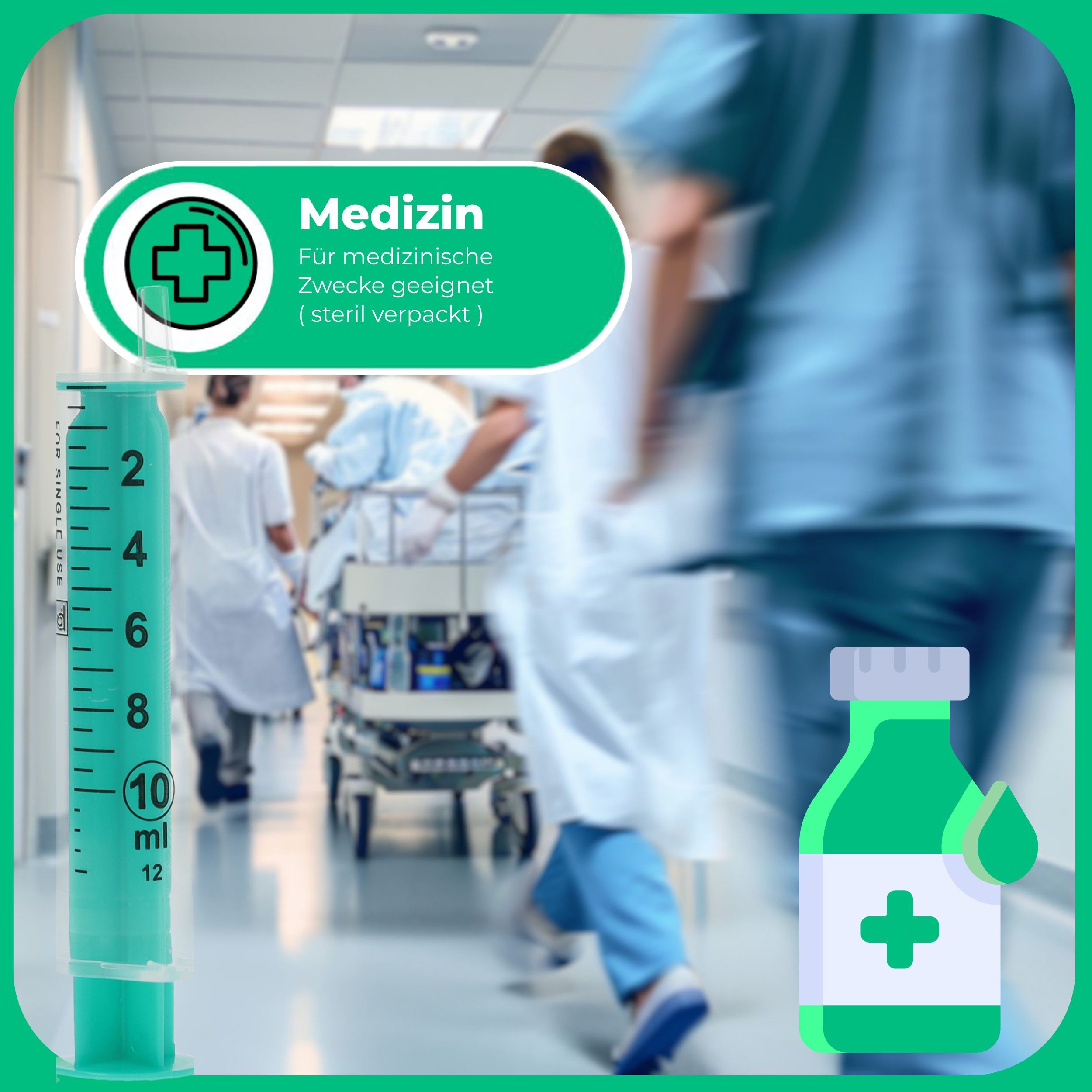 Grüne Spritze mit Skala bis 10ml. Hintergrund: Krankenhausflur mit Personen. Text: Medizin, für medizinische Zwecke geeignet.