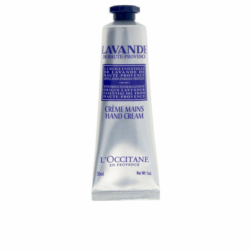 Silberne Tube mit schwarzem Deckel. Aufschrift: Lavande, Crème Mains Hand Cream, L'Occitane. 30ml.