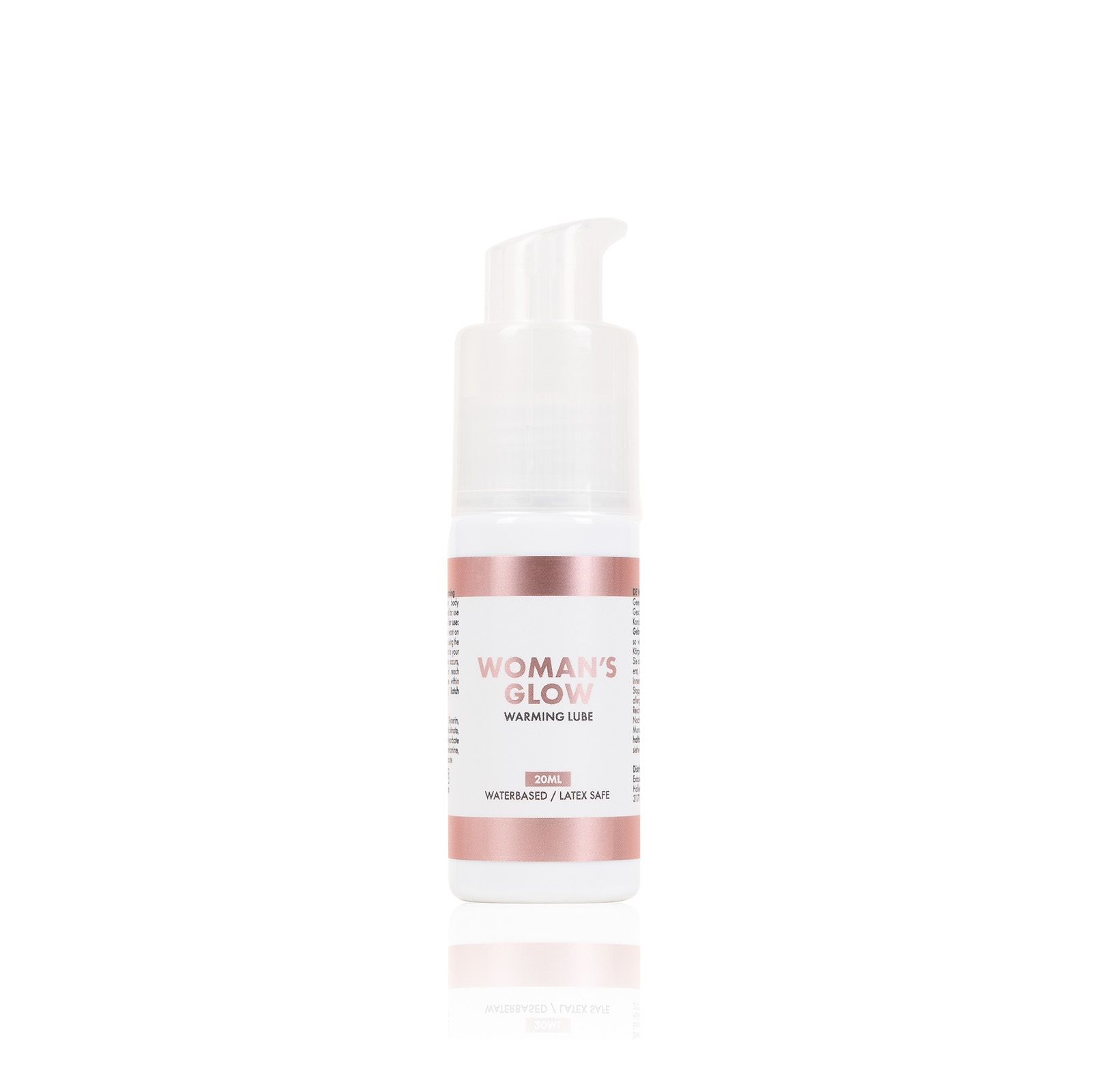 WOMAN'S GLOW Warming Lube. Weiße Flasche mit Pumpe und rosa Etikett. Produktname und Text.