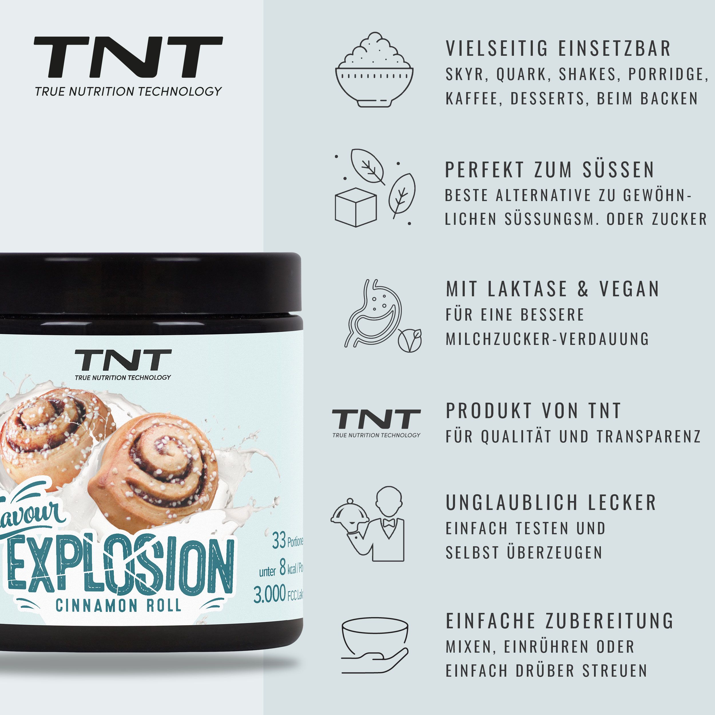 TNT Flavour Explosion Zimtrolle: Dose mit Icons für vielseitige Anwendung und vegane Zubereitung.