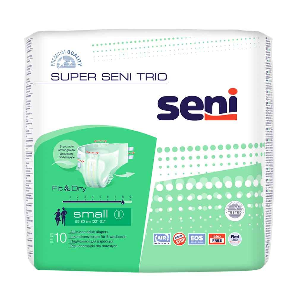 Verpackung von Super Seni Trio Windeln. Marke Seni. Aufdrucke: Fit & Dry, Größe Small, 10 Stück, Qualitätszeichen.