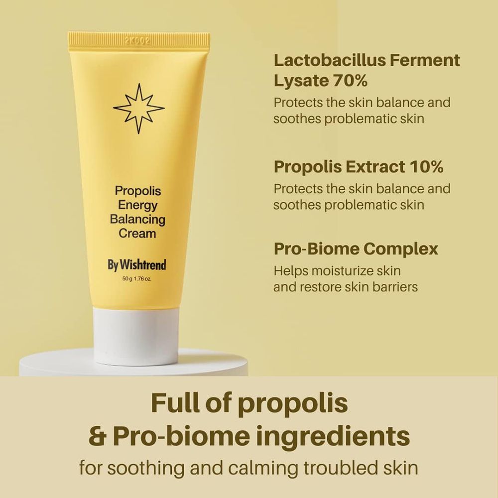 Gelbe Tube mit Text und Inhaltsstoffen. Text: Propolis Energy Balancing Cream, By Wishtrend. Inhaltsstoffe: Lactobacillus, Propolis, Pro-Biome.