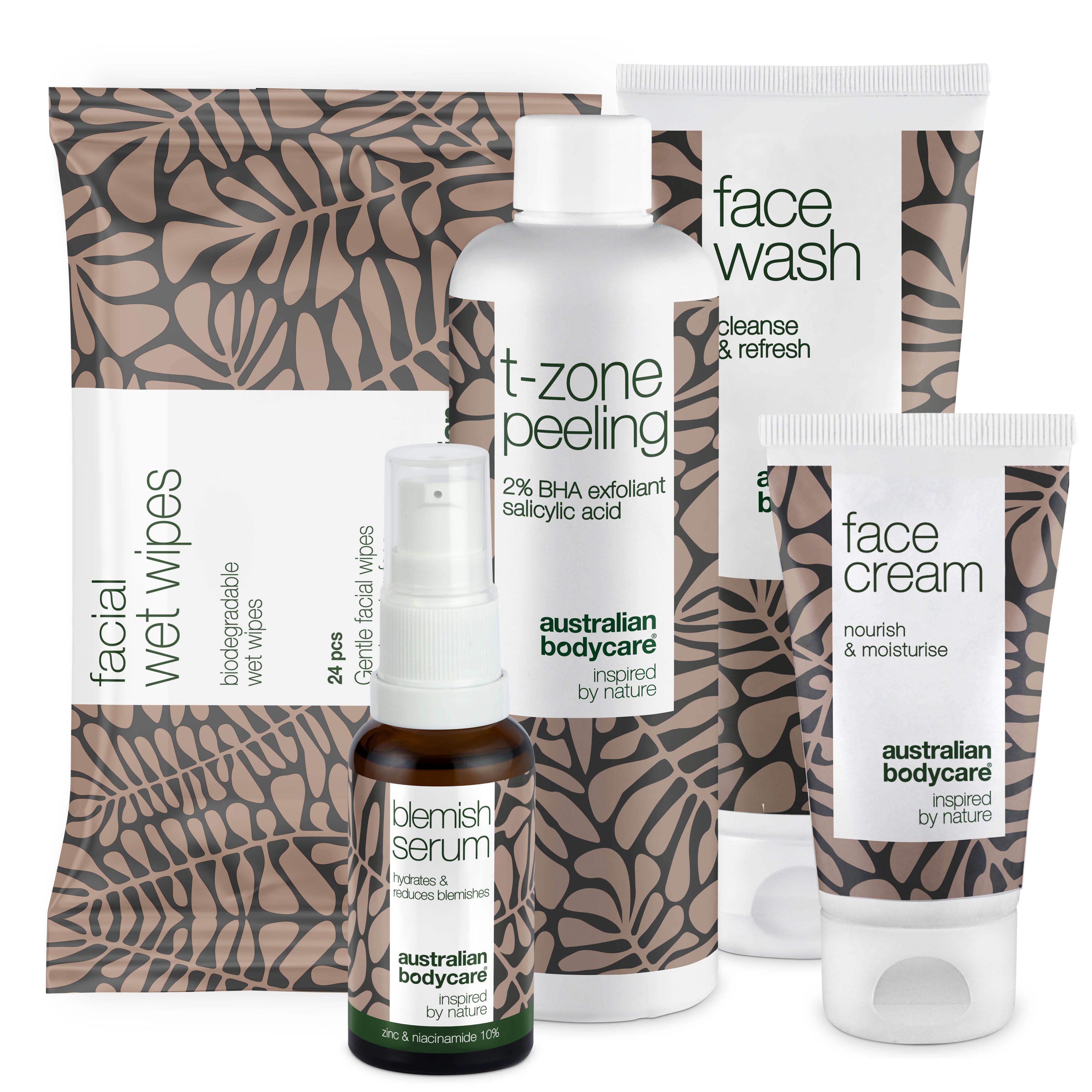Set met producten voor de T-zone. Bevat reinigingsdoekjes, serum, gezichtscrème, wasgel en peeling.
