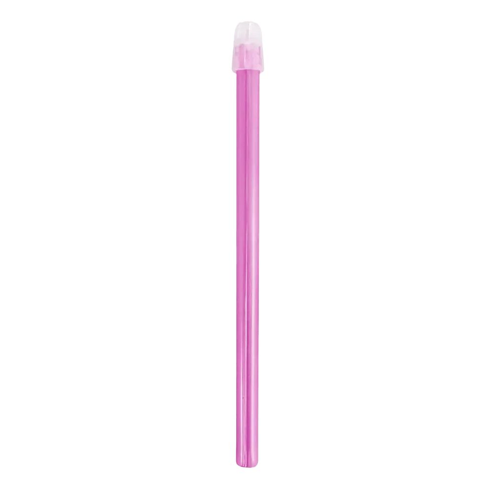 Ein rosa Speichelsauger mit transparentem Mundstück. Der Sauger ist zylindrisch und länglich.