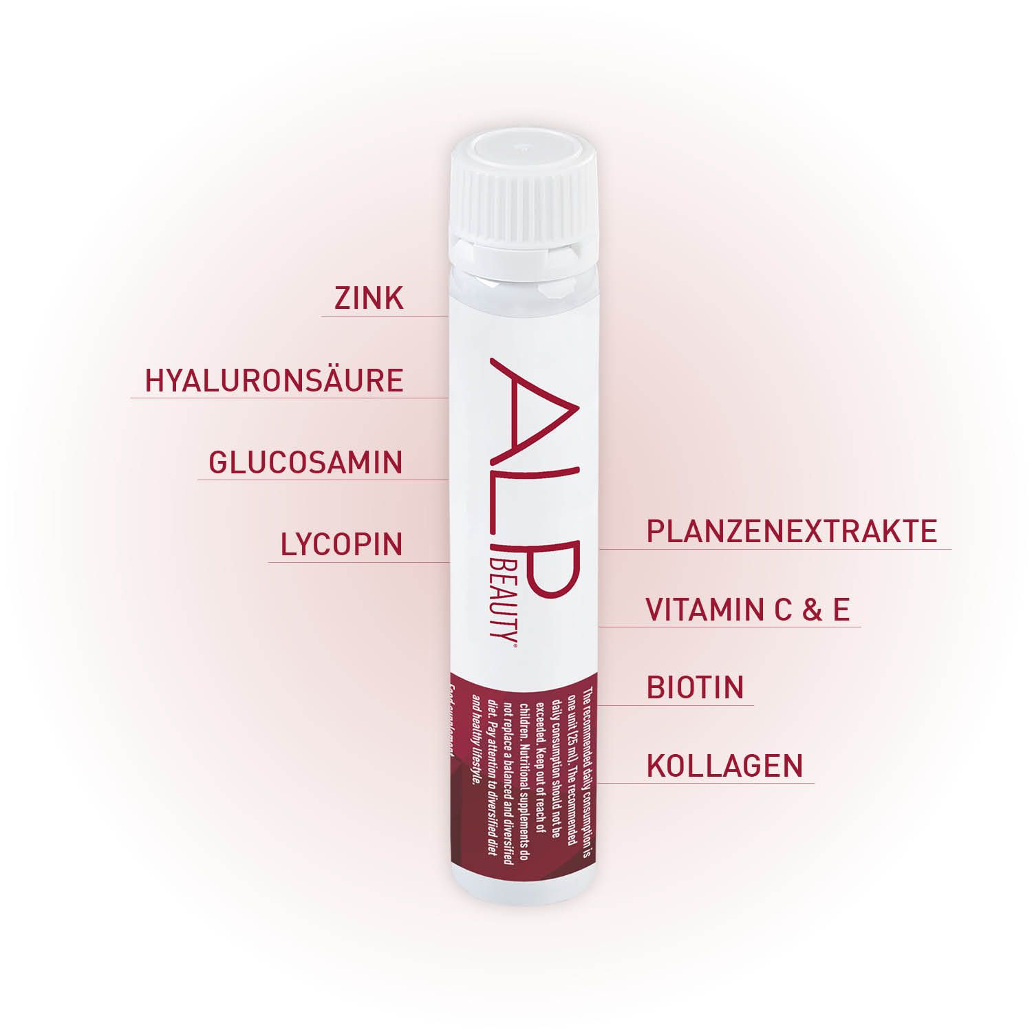 Einzelne Trinkampulle von ALP BEAUTY mit hervorgehobenen Inhaltsstoffen wie Zink und Kollagen.